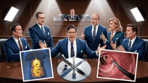 Endoscope lawyers in court with endoscopy scopes and internal organ exhibits.