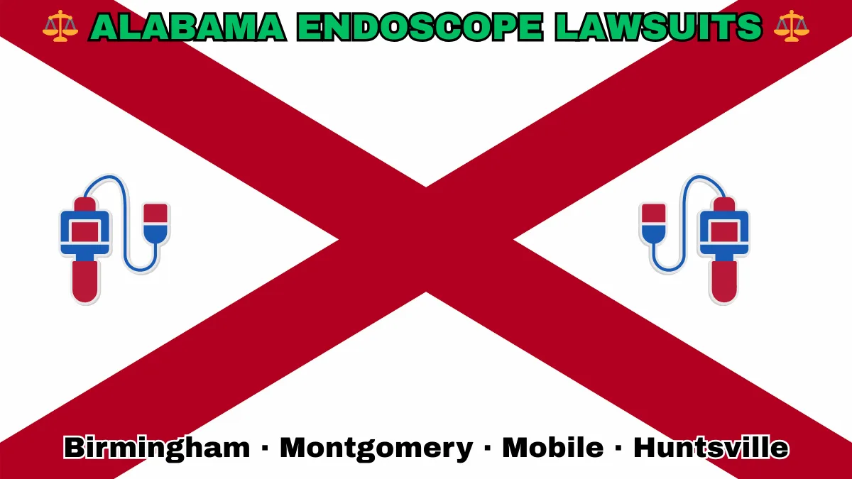 ALABAMA ENDOSCOPE LAWSUITS: Birmingham, Montgomery, Mobile, and Huntsville text on AL state flag adorned with GI exam scopes depicted near a red St. Andrew's cross on a white background.