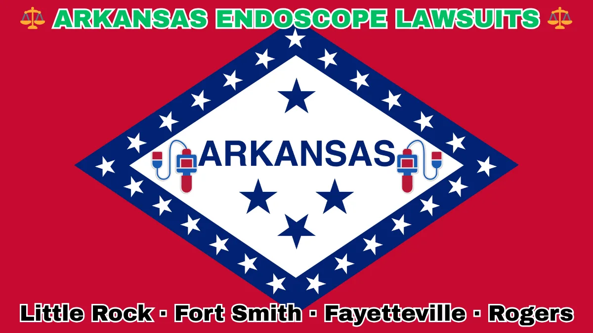 ARKANSAS ENDOSCOPE LAWSUITS: Little Rock, Fort Smith, Fayetteville, and Rogers text on AR state flag adorned with GI exam scopes depicted on a diamond-shaped border lined with stars