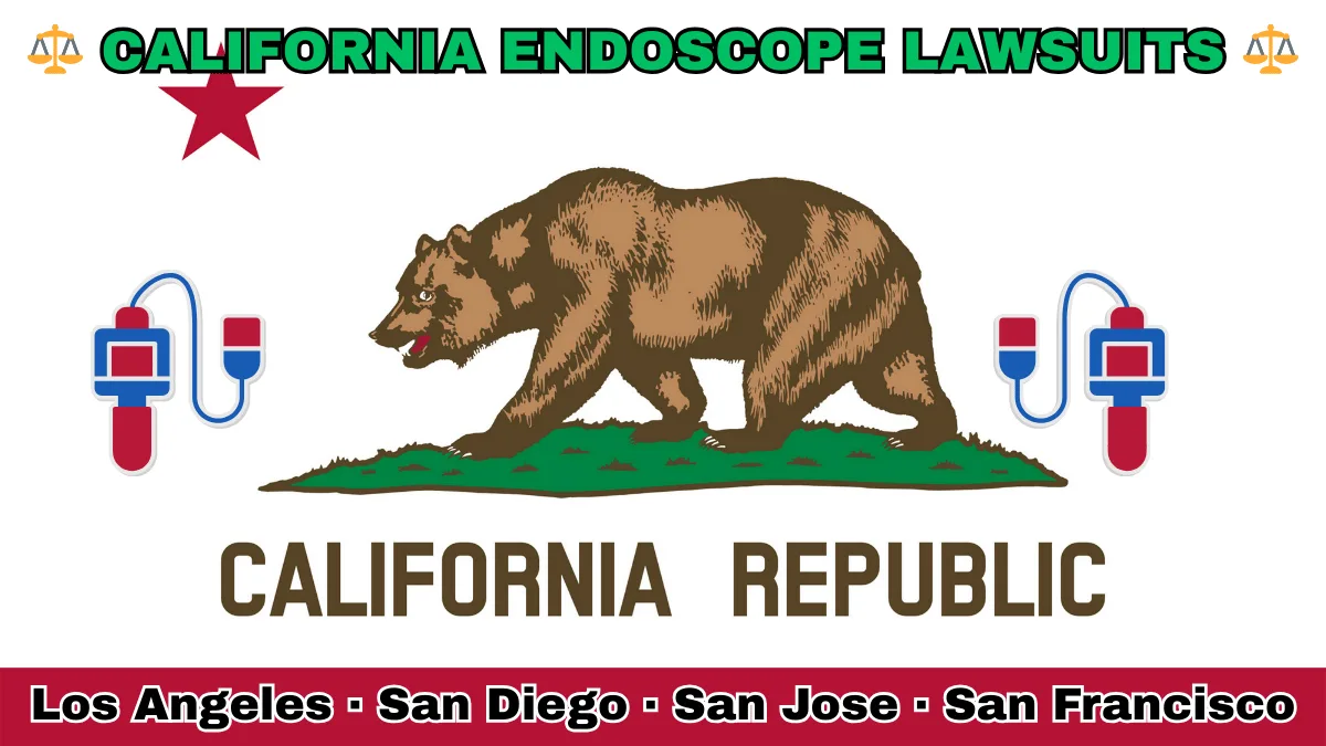CALIFORNIA ENDOSCOPE LAWSUITS: Los Angeles, San Diego, San Jose, and San Francisco text on CA state flag adorned with GI exam scopes depicted near a grizzly bear and red star.