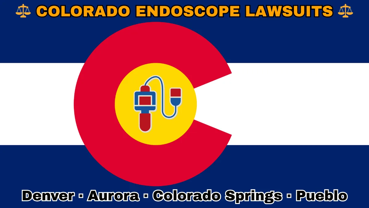 COLORADO ENDOSCOPE LAWSUITS: Denver, Aurora, Colorado Springs, and Pueblo text on CO state flag adorned with GI exam scopes depicted near an old red "C" with a golden circle on blue and white stripes