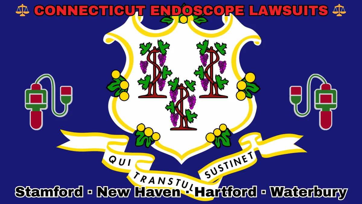CONNECTICUT ENDOSCOPE LAWSUITS: Stamford, New Haven, Hartford, and Waterbury text on CT state flag adorned with GI exam scopes depicted on a blue field near a white shield and three grapevines