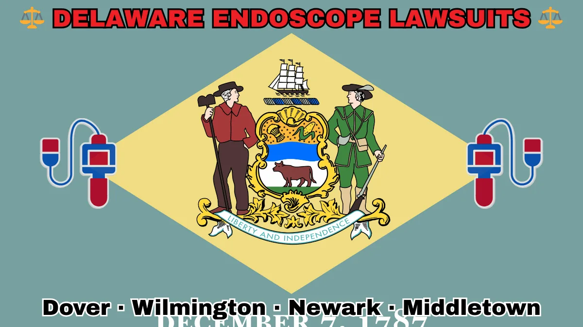 DELAWARE ENDOSCOPE LAWSUITS: Dover, Wilmington, Newark, and Middletown text on DE state flag adorned with GI exam scopes depicted near a coat of arms and 1787 date