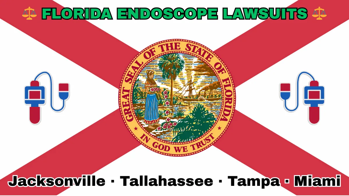 FLORIDA ENDOSCOPE LAWSUITS: Jacksonville, Tallahassee, Tampa, and Miami text on FL state flag adorned with GI exam scopes depicted near a red cross and SEAL of a Seminole woman scattering flowers by a shoreline with a boat, palm trees, and sunlight.