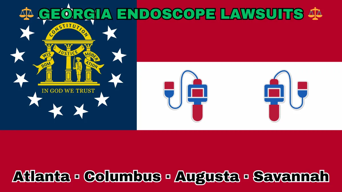 GEORGIA ENDOSCOPE LAWSUITS: Atlanta, Columbus, Augusta, and Savannah text on GA state flag adorned with GI exam scopes depicted near a gold arch on blue canton with three pillars and 13 white stars, next to three thick red and white stripes.