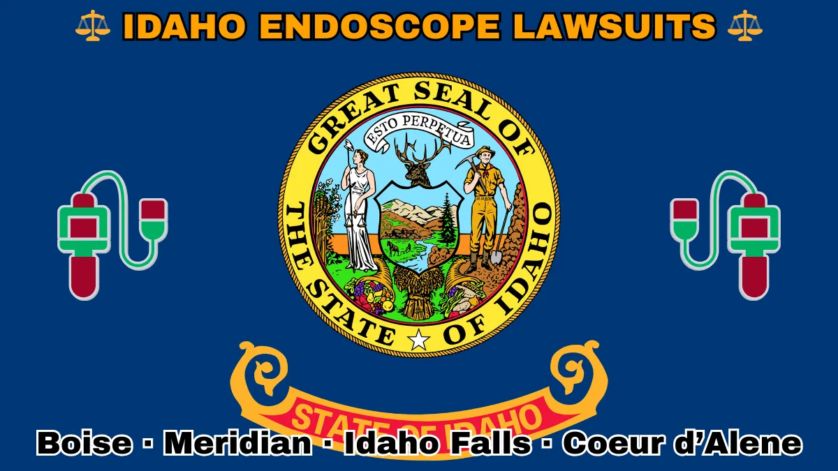 IDAHO ENDOSCOPE LAWSUITS: Boise, Meridian, Idaho Falls, and Coeur d’Alene text on ID state flag adorned with GI exam scopes depicted on a blue field near the official seal and banner