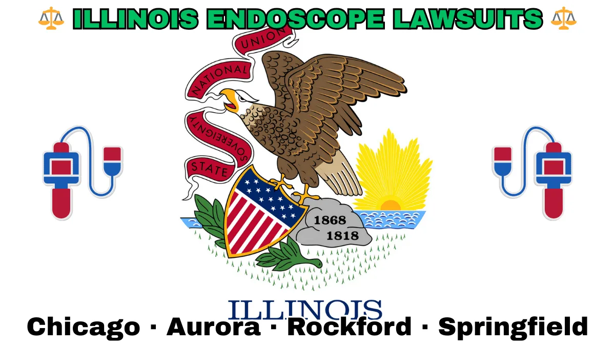 ILLINOIS ENDOSCOPE LAWSUITS: Chicago, Aurora, Rockford, and Springfield text on IL state flag adorned with GI exam scopes depicted near a bald eagle perched on a rock and holding a shield, as the sun shines bright.