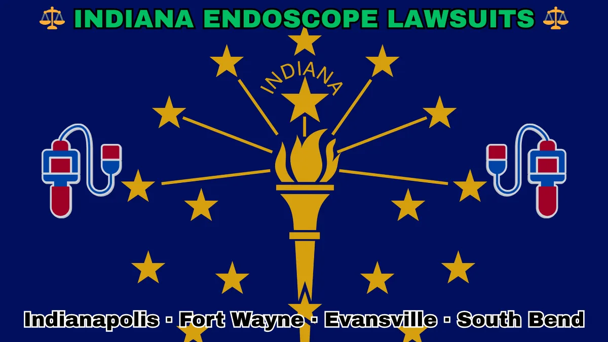 INDIANA ENDOSCOPE LAWSUITS: Indianapolis, Fort Wayne, Evansville, and South Bend text on IN state flag adorned with GI exam scopes depicted near a gold torch and stars.