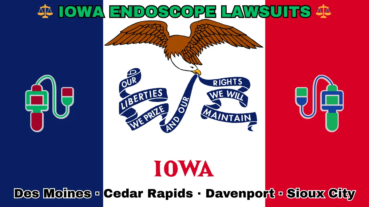 IOWA ENDOSCOPE LAWSUITS: Boise, Meridian, Idaho Falls, Coeur d'Alene text on IA state flag adorned with GI exam scopes depicted along blue, white, and red vertical stripes near an eagle and banner