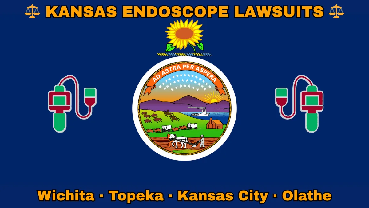 KANSAS ENDOSCOPE LAWSUITS: Wichita, Kansas City, Olathe, and Topeka text on KS state flag adorned with GI exam scopes depicted on a blue background near the official seal and a sunflower emblem