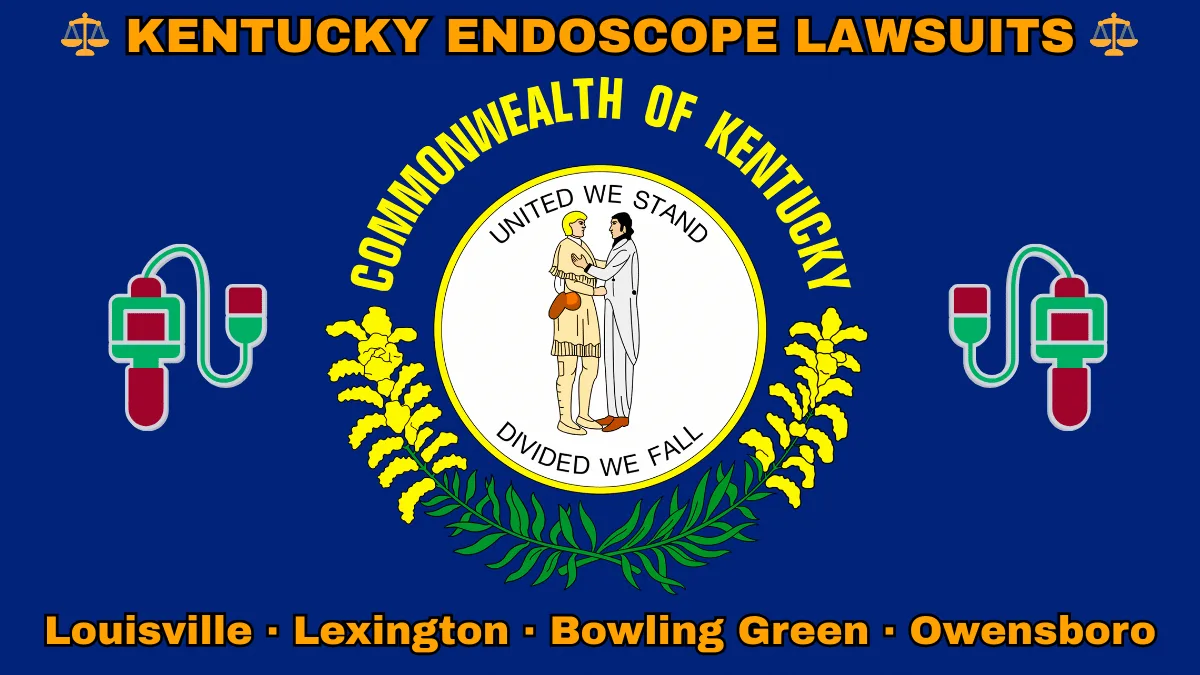 KENTUCKY ENDOSCOPE LAWSUITS: Louisville, Lexington, Bowling Green, and Owensboro text on KY state flag adorned with GI exam scopes depicted on a blue field near the official seal and “UNITED WE STAND” motto