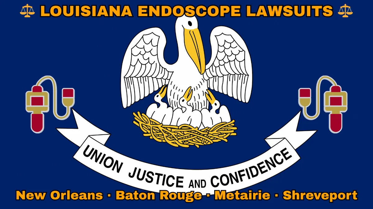 LOUISIANA ENDOSCOPE LAWSUITS: New Orleans, Baton Rouge, Metairie, and Shreveport text on LA state flag adorned with GI exam scopes depicted near a pelican feeding chicks with motto “UNION, JUSTICE, CONFIDENCE"