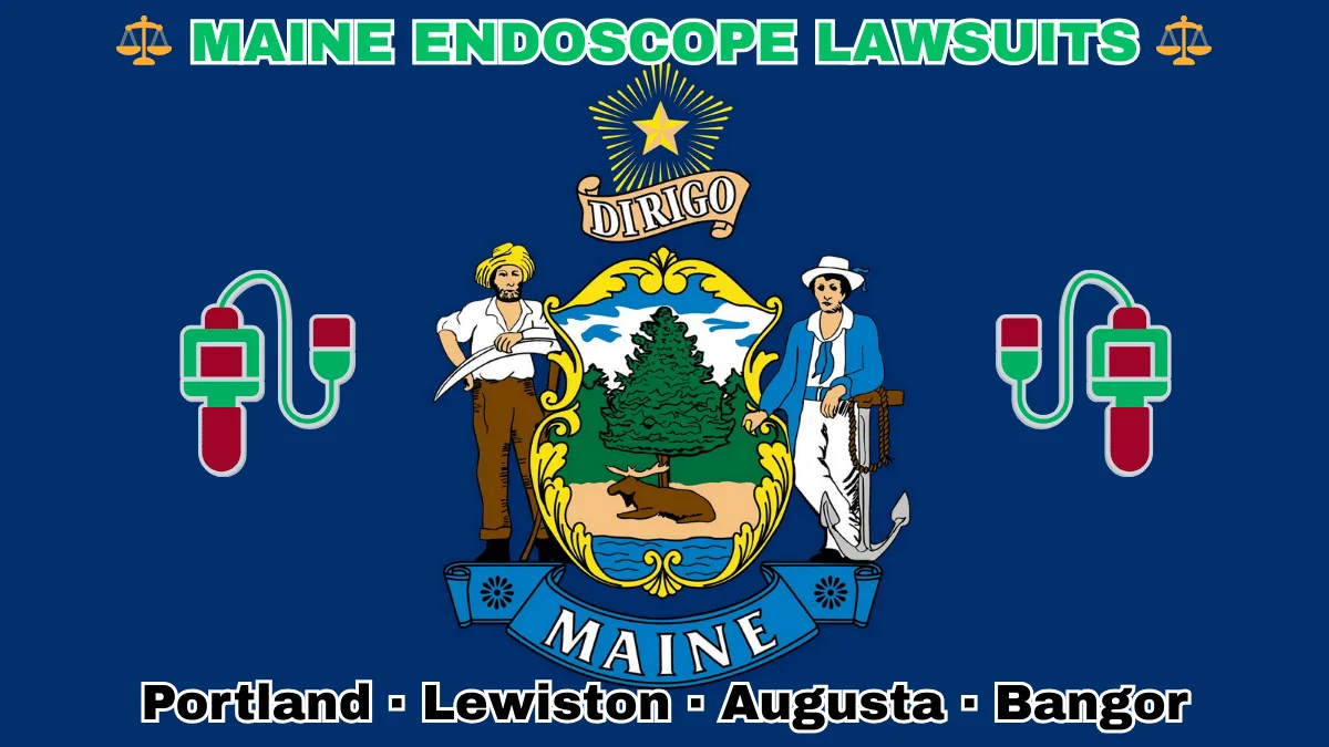 MAINE ENDOSCOPE LAWSUITS: Portland, Lewiston, Augusta, and Bangor text on ME state flag adorned with GI exam scopes depicted on a blue field near a shield, pine tree, moose, and “DIRIGO” motto