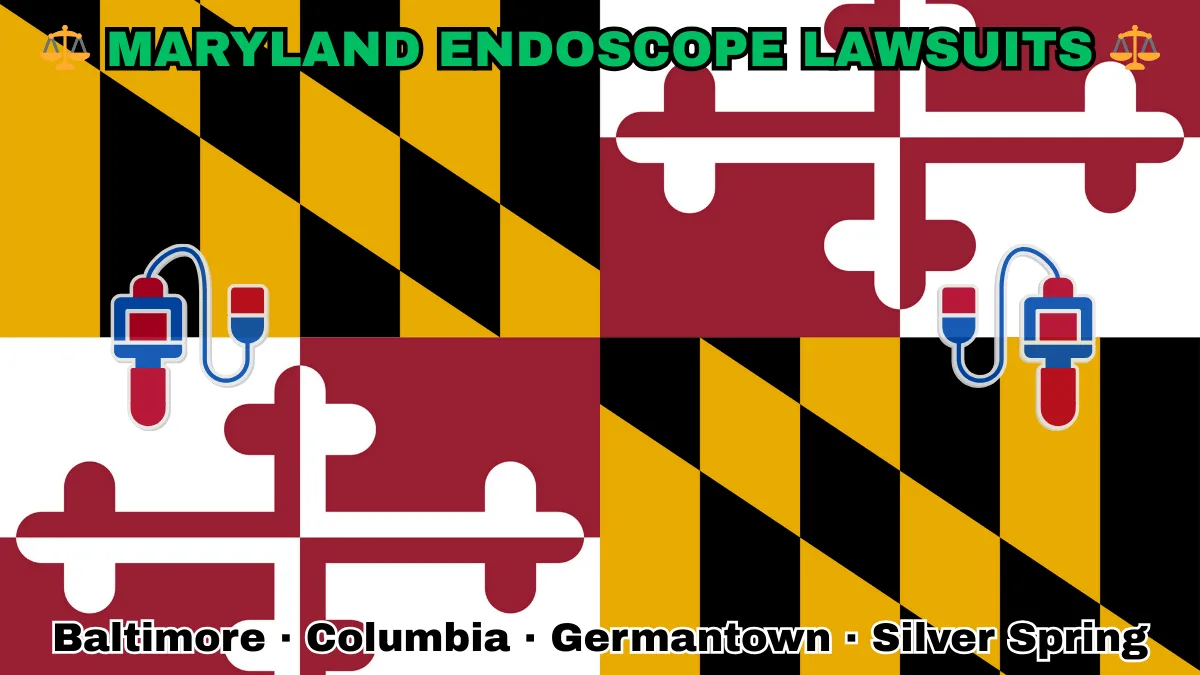 MARYLAND ENDOSCOPE LAWSUITS: Baltimore, Columbia, Germantown, and Silver Spring text on MD state flag adorned with GI exam scopes depicted near red and white crosses, and black and gold checkered Calvert arms.