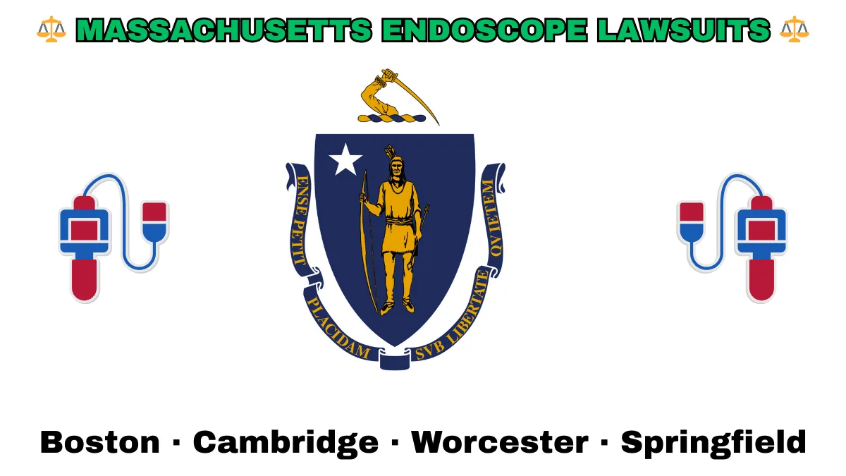 MASSACHUSETTS ENDOSCOPE LAWSUITS: Boston, Cambridge, Worcester, and Springfield text on MA state flag adorned with GI exam scopes depicted near a shield featuring a Native American person with bow and arrow under a star and sword.