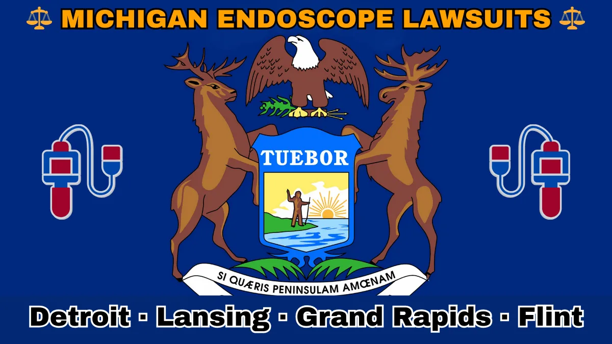 MICHIGAN ENDOSCOPE LAWSUITS: Detroit, Lansing, Grand Rapids, and Flint text on MI state flag adorned with GI exam scopes depicted near an elk, moose and bald eagle flanking a shield featuring a man standing on a sunny lake with a raised hand and rifle.