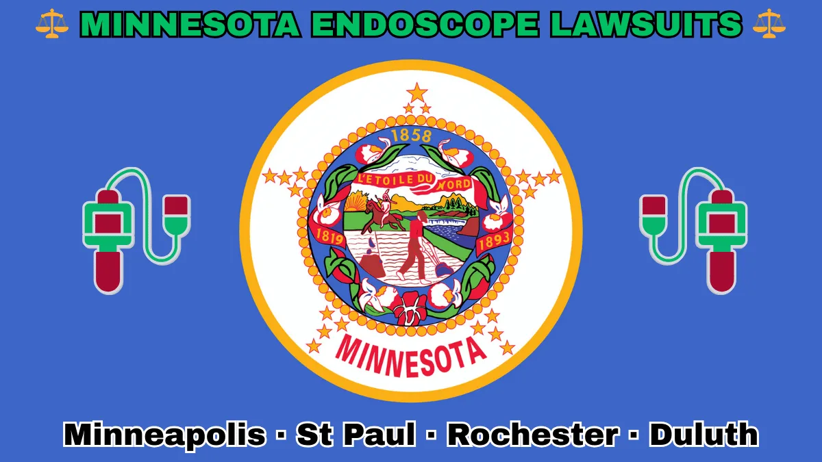 MINNESOTA ENDOSCOPE LAWSUITS: Minneapolis, St Paul, Rochester, and Duluth text on MN state flag adorned with GI exam scopes depicted on blue background near the official seal featuring a wreath of pink-and-white lady’s slippers