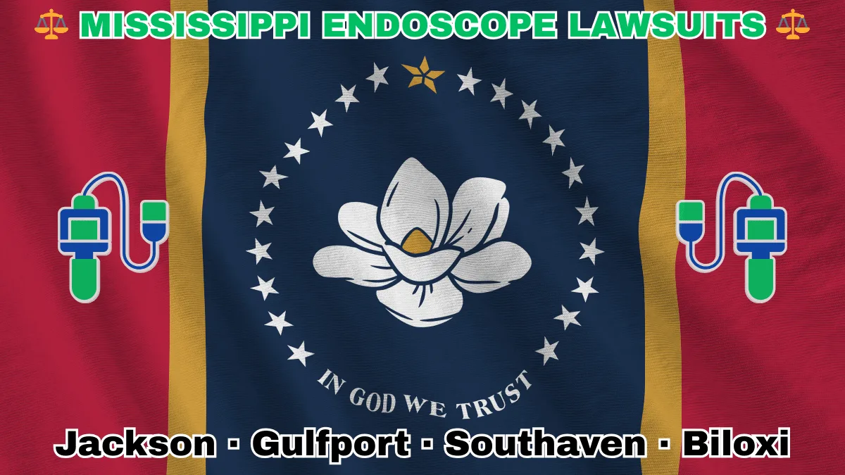 MISSISSIPPI ENDOSCOPE LAWSUITS: Jackson, Gulfport, Southaven, and Biloxi text on MS state flag adorned with GI exam scopes depicted along red, gold, and blue stripes near magnolia blossom and stars