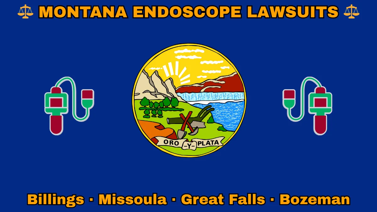 MONTANA ENDOSCOPE LAWSUITS: Billings, Missoula, Great Falls, and Bozeman text on MT state flag adorned with GI exam scopes depicted on a blue field near official seal featuring a plow and mountains