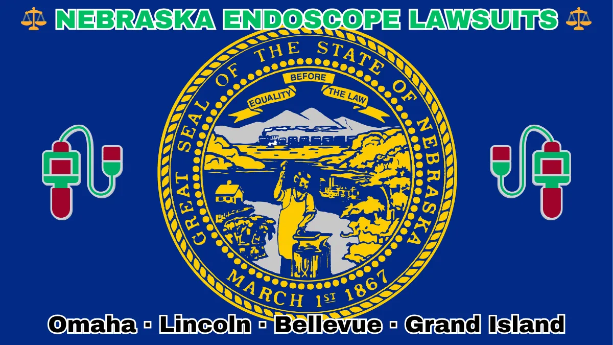 NEBRASKA ENDOSCOPE LAWSUITS: Omaha, Lincoln, Bellevue, and Grand Island text on NE state flag adorned with GI exam scopes depicted on a dark blue field near the official seal in gold