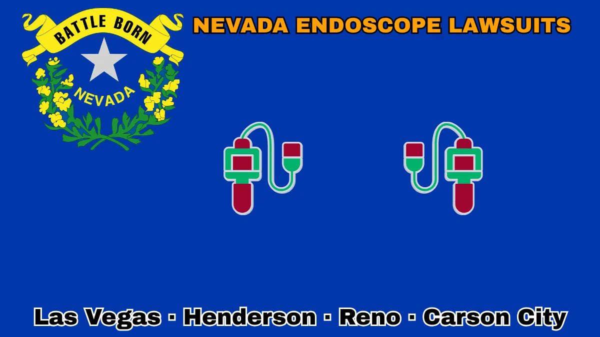 NEVADA ENDOSCOPE LAWSUITS: Las Vegas, Henderson, Reno, and Carson City text on NV state flag adorned with GI exam scopes depicted on a blue field near a silver star and “BATTLE BORN” motto