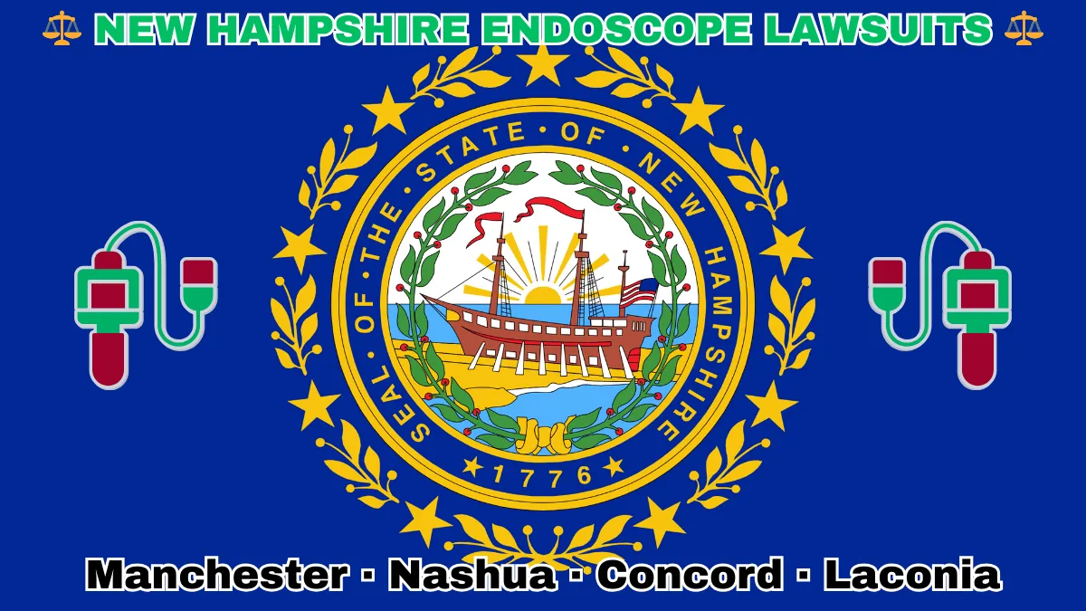 NEW HAMPSHIRE ENDOSCOPE LAWSUITS: Manchester, Nashua, Concord, and Laconia text on NH state flag adorned with GI exam scopes depicted on blue field near a Portsmouth's frigate encircled by laurel leaves and stars