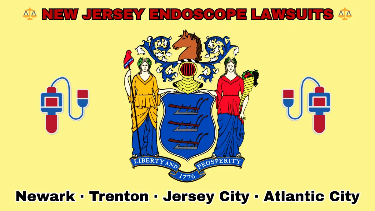 NEW JERSEY ENDOSCOPE LAWSUITS: Newark, Trenton, Jersey City, and Atlantic City text on NJ state flag adorned with GI exam scopes depicted near a shield with three plows, the goddesses Liberty and Ceres, and a horse head.