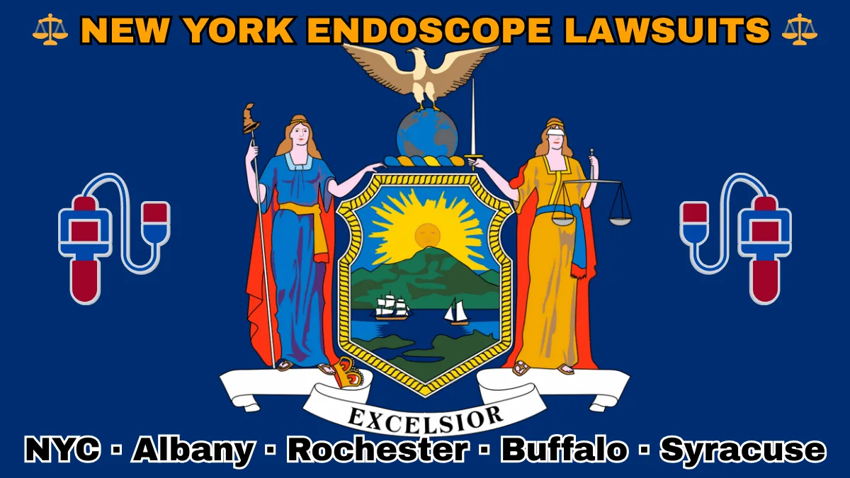 NEW YORK ENDOSCOPE LAWSUITS: NYC, Albany, Rochester, Buffalo, and Syracuse text on NY state flag adorned with GI exam scopes depicted near Liberty and Justice holding a sword and scales, an eagle atop a globe, and a shield featuring the sun shining over the mountains onto Hudson River boaters.