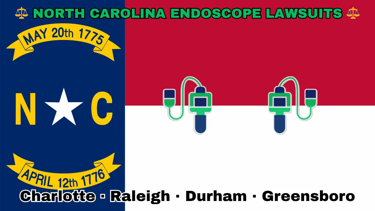 NORTH CAROLINA ENDOSCOPE LAWSUITS: Charlotte, Raleigh, Durham, and Greensboro text on NC state flag adorned with GI exam scopes depicted near a star along blue, red and white color blocks.