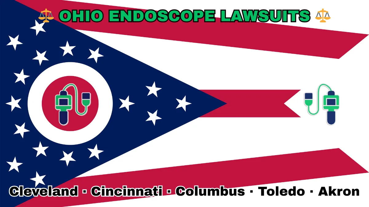 OHIO ENDOSCOPE LAWSUITS: Cleveland, Cincinnati, Columbus, Toledo, and Akron text on OH state flag adorned with GI exam scopes depicted near a triangular swallowtail with red, white, and blue stripes and stars.