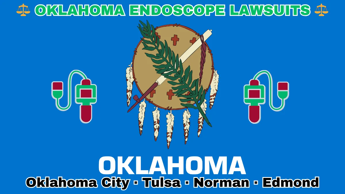 OKLAHOMA ENDOSCOPE LAWSUITS: Oklahoma City, Tulsa, Norman, and Edmond text on OK state flag adorned with GI exam scopes depicted on a sky blue field near an Osage shield featuring an olive branch and peace pipe