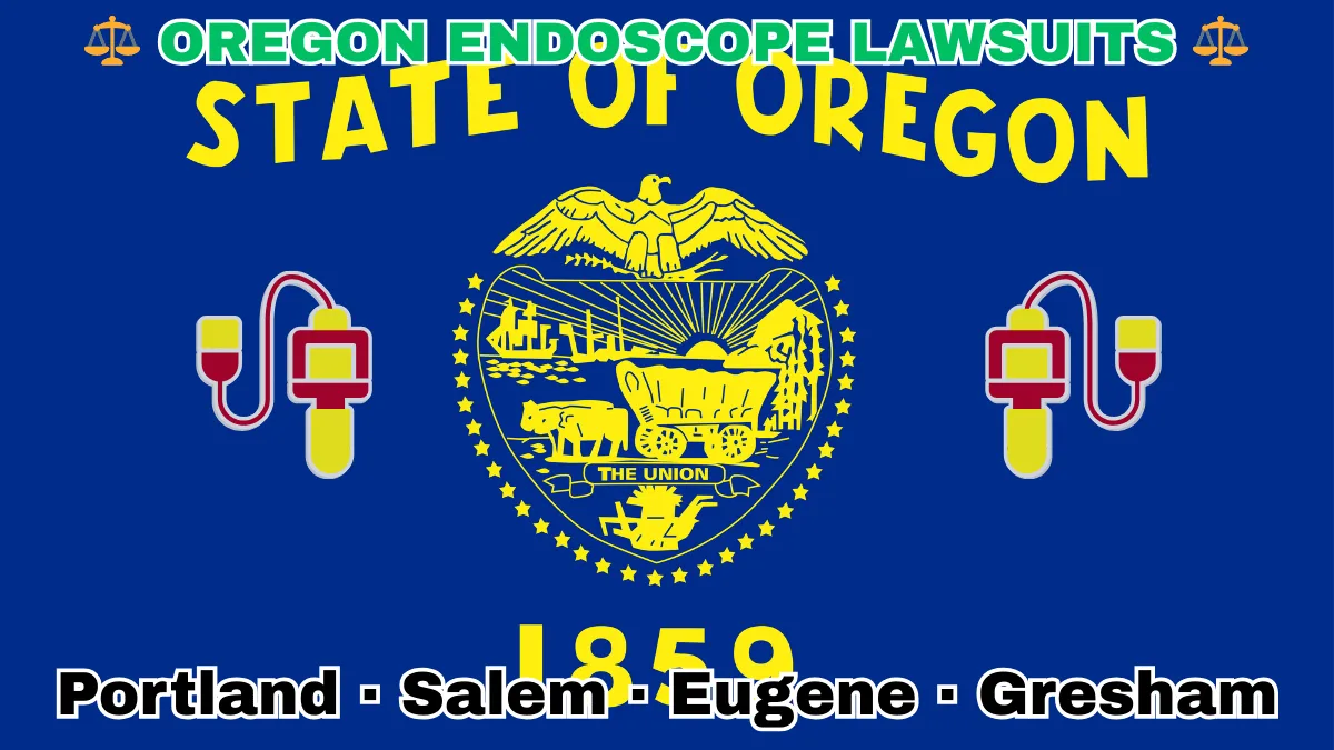 OREGON ENDOSCOPE LAWSUITS: Portland, Salem, Eugene, and Gresham text on OR state flag adorned with GI exam scopes depicted on a blue field near a gold seal featuring a covered wagon, an eagle, mountains, and a setting sun, with the year 1859 below.