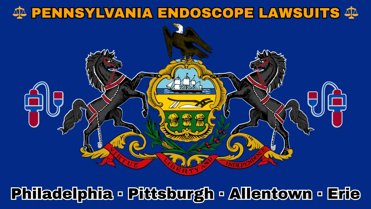 PENNSYLVANIA ENDOSCOPE LAWSUITS: Philadelphia, Pittsburgh, Allentown, and Erie text on PA state flag adorned with GI exam scopes depicted near horses and an eagle flanking a shield featuring a ship, plow, and sheaves of wheat.