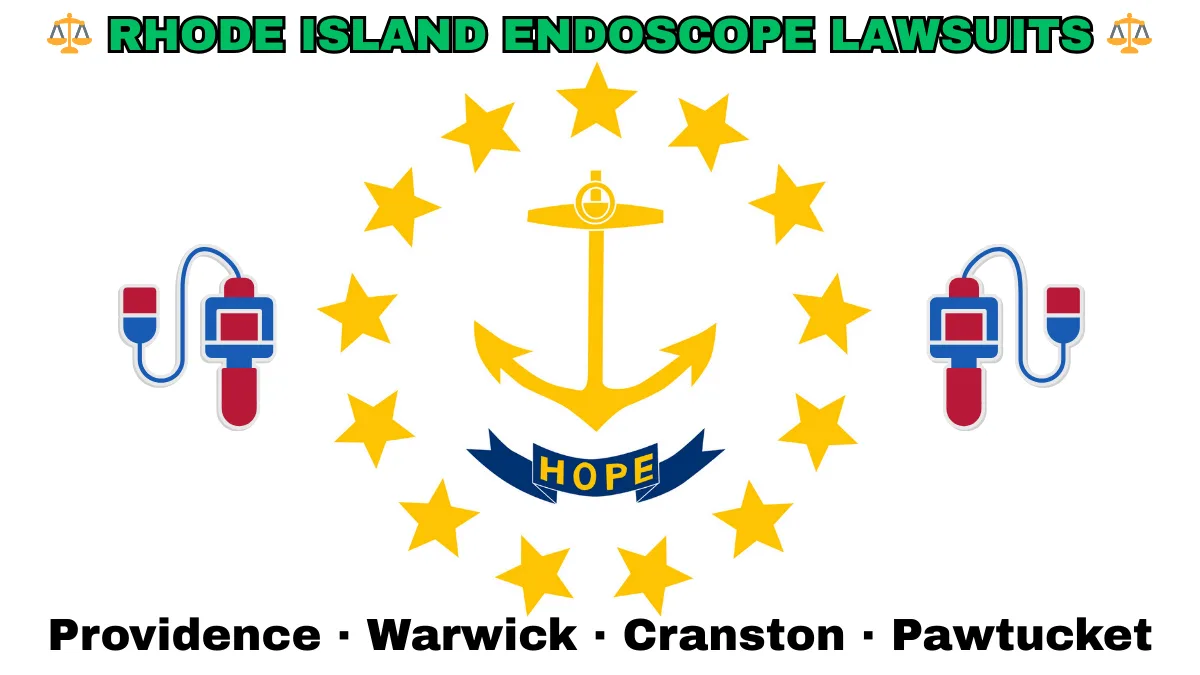 RHODE ISLAND ENDOSCOPE LAWSUITS: Providence, Warwick, Cranston, and Pawtucket text on RI state flag adorned with GI exam scopes depicted on a white background near an anchor, gold stars, and “HOPE” motto