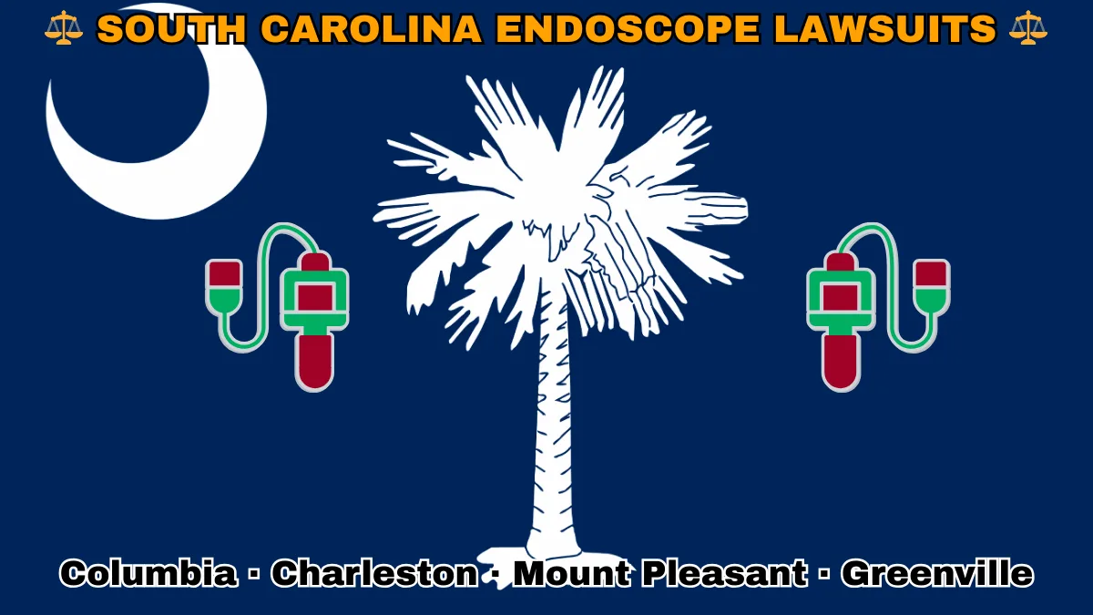 SOUTH CAROLINA ENDOSCOPE LAWSUITS: Columbia, Charleston, Mount Pleasant, and Greenville text on SC state flag adorned with GI exam scopes depicted on a blue field near a white palmetto tree and crescent moon