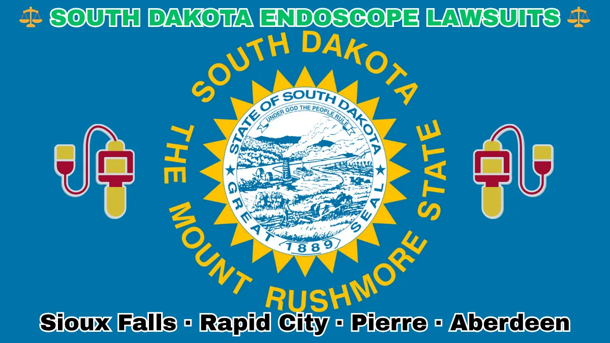 SOUTH DAKOTA ENDOSCOPE LAWSUITS: Sioux Falls, Rapid City, Pierre, and Aberdeen text on SD state flag adorned with GI exam scopes depicted on a blue field near the official seal and words "THE MOUNT RUSHMORE STATE"