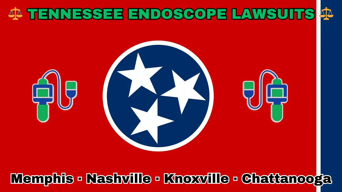 TENNESSEE ENDOSCOPE LAWSUITS: Memphis, Nashville, Knoxville, and Chattanooga text on TN state flag adorned with GI exam scopes depicted on a red background near three white stars on a blue circle and vertical blue stripe.