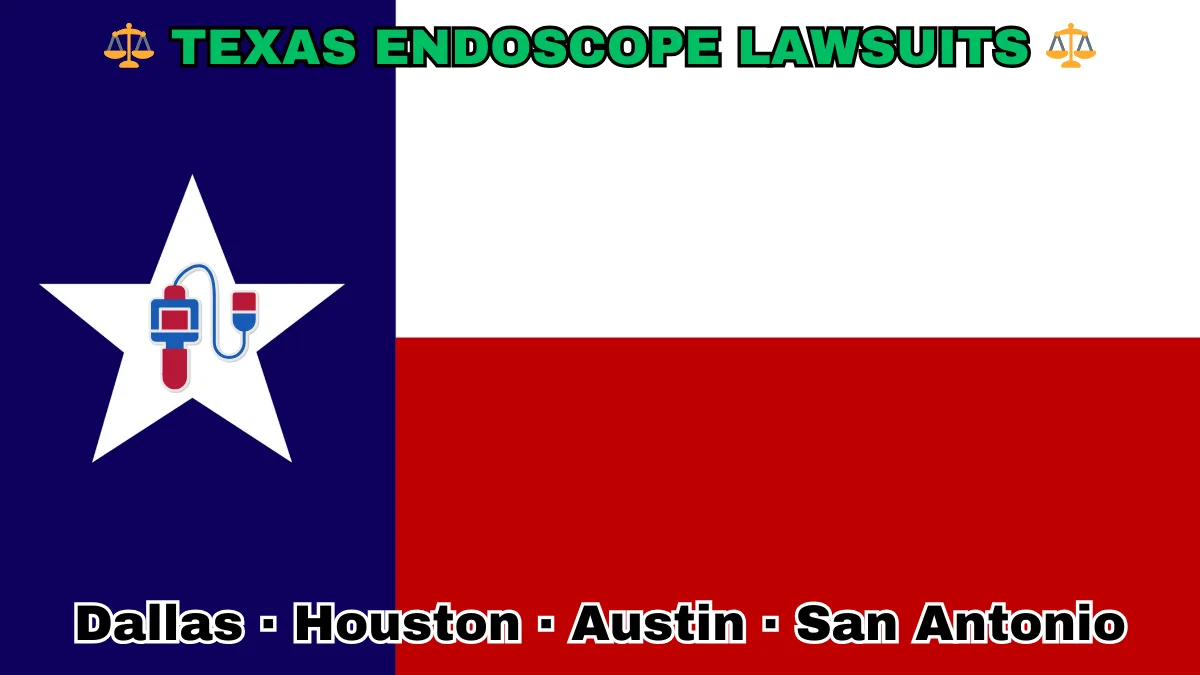TEXAS ENDOSCOPE LAWSUITS: Dallas, Houston, Austin, and San Antonio text on TX state flag adorned with GI exam scopes depicted on a Lone Star near blue, red and white color blocks.