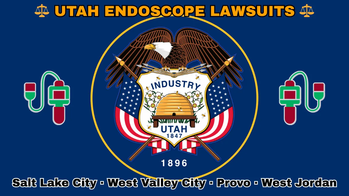 UTAH ENDOSCOPE LAWSUITS: Salt Lake City, West Valley City, Provo, and West Jordan text on UT state flag adorned with GI exam scopes depicted on a blue field near a beehive, bald eagle, motto and date