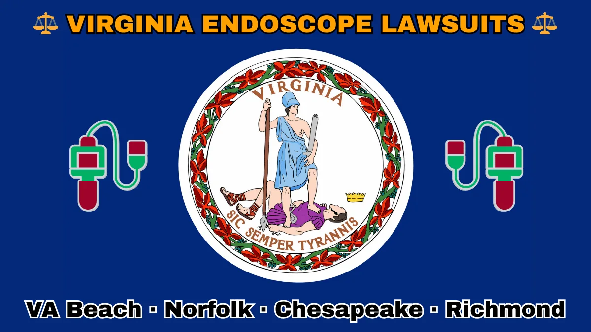 VIRGINIA ENDOSCOPE LAWSUITS: VA Beach, Norfolk, Chesapeake, and Richmond text on VA state flag adorned with GI exam scopes depicted near Virtus defeating Tyranny with a spear and sword.