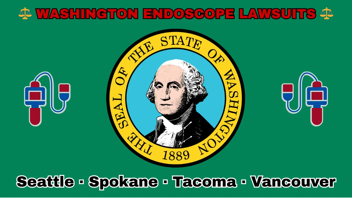 WASHINGTON ENDOSCOPE LAWSUITS: Seattle, Spokane, Tacoma, and Vancouver text on WA state flag adorned with GI exam scopes depicted on a green background near the official SEAL featuring George Washington.