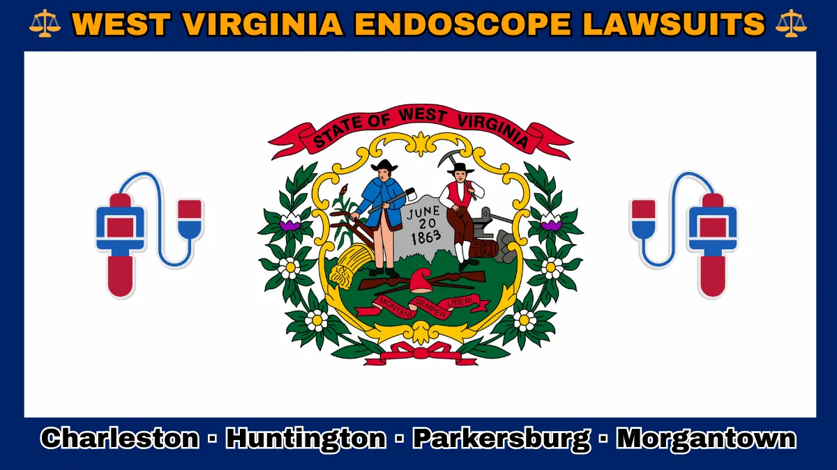 WEST VIRGINIA ENDOSCOPE LAWSUITS: Charleston, Huntington, Parkersburg, and Morgantown text on WV state flag adorned with GI exam scopes depicted on a white field with blue border near the official seal encircled by rhododendrons