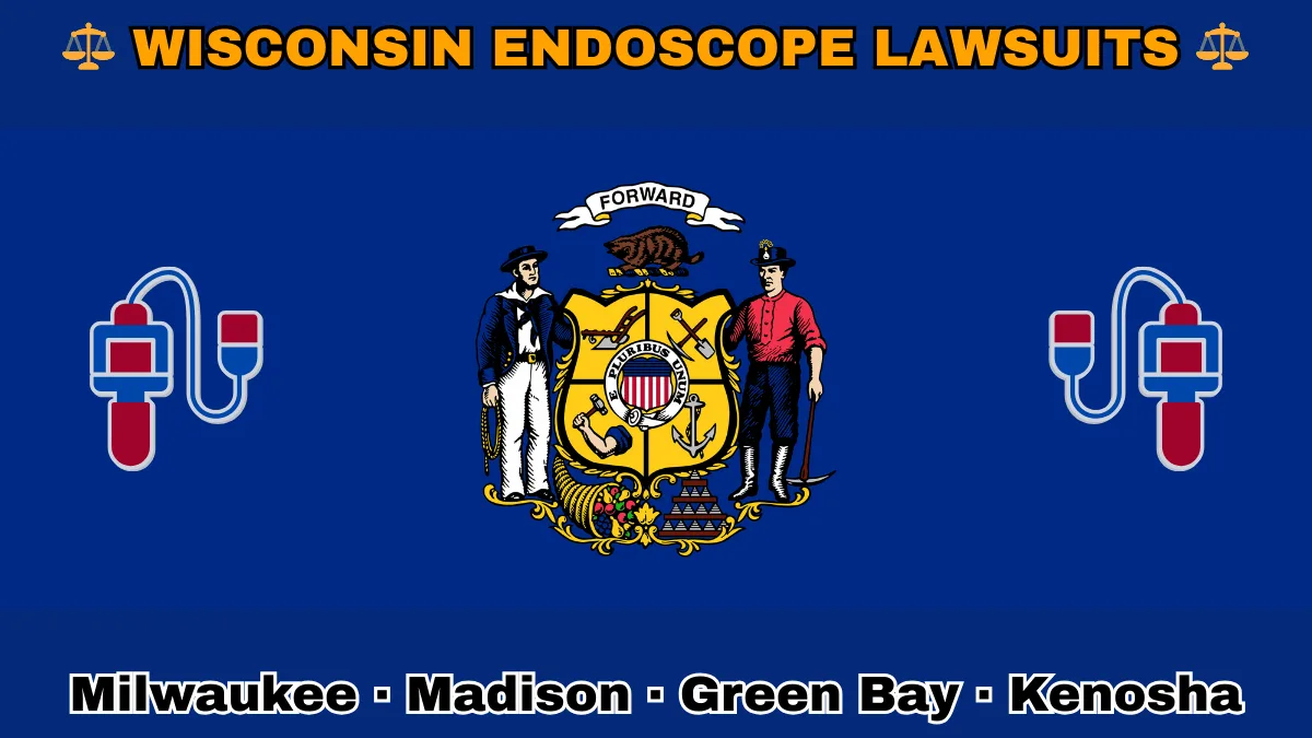 WISCONSIN ENDOSCOPE LAWSUITS: Milwaukee, Madison, Green Bay, and Kenosha text on WI state flag adorned with GI exam scopes depicted near a sailor and miner flanking a shield featuring agriculture, mining, manufacturing, and navigation, a badger above, and a cornucopia and lead ingot.