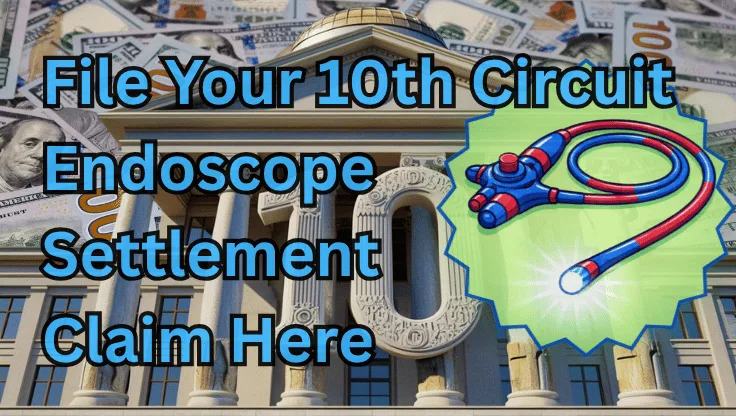 File Your 10th Circuit Endoscope Settlement Claim Here text on depiction of Tenth Circuit court with an exam scope and high-value cash backdrop.