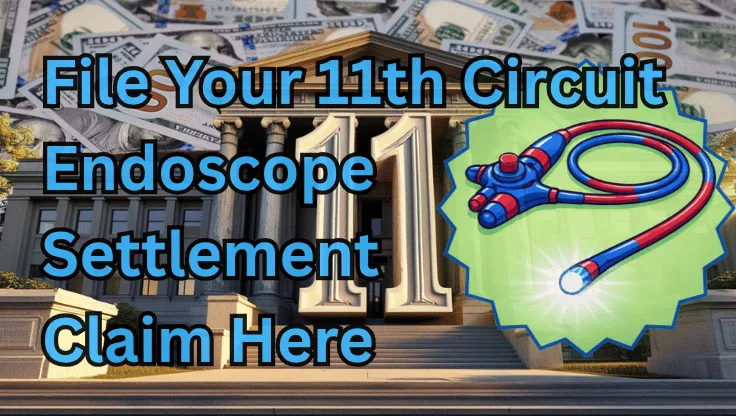 File Your 11th Circuit Endoscope Settlement Claim Here text on depiction of Eleventh Circuit court with an exam scope and high-value cash backdrop.