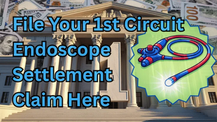 File Your 1st Circuit Endoscope Settlement Claim Here text on depiction of First Circuit court with an exam scope and high-value cash backdrop.