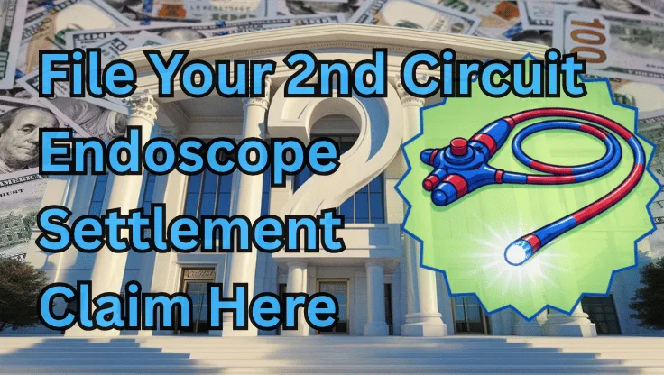 ile Your 2nd Circuit Endoscope Settlement Claim Here text on depiction of Second Circuit court with an exam scope and high-value cash backdrop.
