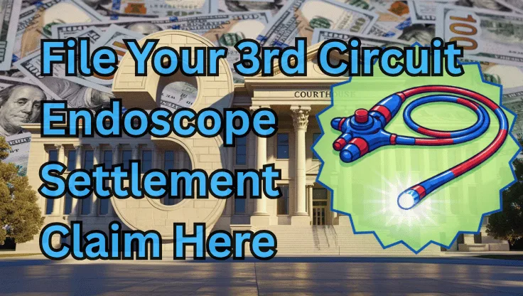 File Your 3rd Circuit Endoscope Settlement Claim Here text on depiction of Third Circuit court with an exam scope and high-value cash backdrop.