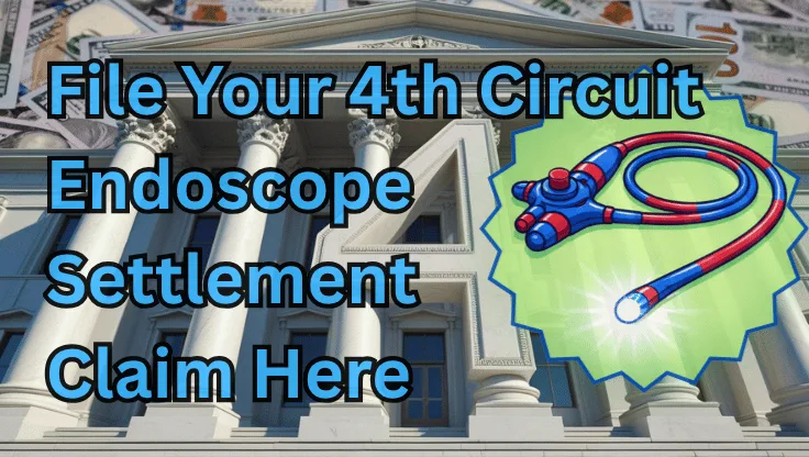 File Your 4th Circuit Endoscope Settlement Claim Here text on depiction of Fourth Circuit court with an exam scope and high-value cash backdrop.