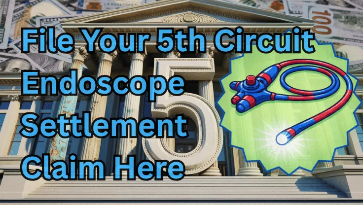 File Your 5th Circuit Endoscope Settlement Claim Here text on depiction of Fifth Circuit court with an exam scope and high-value cash backdrop.